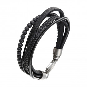  Bracelet homme cuir acier composé 1 lanière cuir tressée, 3 lanières cuir un rang perles acier noir Largeur du bracelet :...