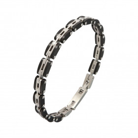 Bracelet Acier gris et noir. Largeur du bracelet : 7mm. Longueur du Bracelet ajustable à 19 ou 21cm