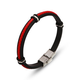 Bracelet Homme Acier caoutchouc noir composé d une tresse cuir rouge, 6 caoutchouc 3 anneaux d acier Largeur : 9,3mm Longu...