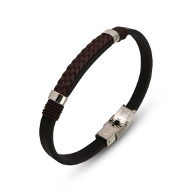 Bracelet Homme Acier Cuir Noir un tresse cuir marron sur le dessus entourée 2 anneaux d acier Largeur : 8,7mm Longueur : 2...
