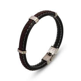 Bracelet Homme Acier Cuir noir composé d une tresse cuir marron 3 anneaux d acier mat Largeur : 10,2mm Longueur : 20cm