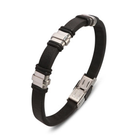 Bracelet en cuir noir avec trois bandes d'acier inoxydable, design épuré et masculin, fermeture avec boucle déployante pra...