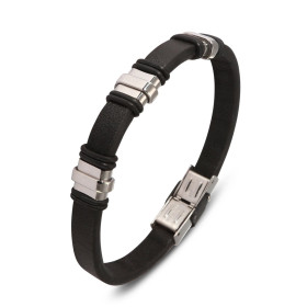 Bracelet cuir noir trois bandes d acier inoxydable, design épuré masculin, fermeture boucle déployante pratique.