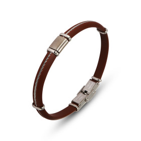 Bracelet Homme Acier Caoutchouc marron composé 6 anneaux , 1 fil une plaque acier mat Largeur : 8,8mm Longueur : 20,5cm