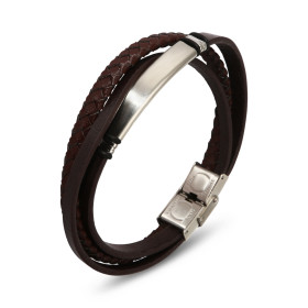 Bracelet Homme Acier cuir marron 3 rangs composé d une plaque acier mat 7x33mm, 2 anneaux acier 4 caoutchouc Largeur 15mm ...