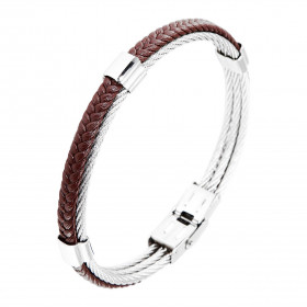 Bracelet homme composé de 3 cordes d'acier et une lanière en cuir tressée marron attachées entres elles par 3 barettes en ...