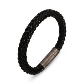 Bracelet Homme Acier Cuir noir tressé Largeur : 7,7mm Longueur : 20cm