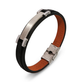 Bracelet Homme Acier Cuir noir une plaque acier mat 6x37mm largeur : 12mm Longueur : 21cm