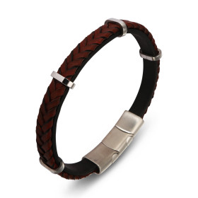 Bracelet Homme Acier Cuir marron tressé agrémenté 4 anneaux acier Largeur : 12mm Longueur : 20 ou 21cm