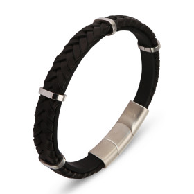 Bracelet Homme Acier Cuir noir tressé agrémenté 4 anneaux acier Largeur : 12mm Longueur : 20 ou 21cm