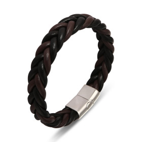 Bracelet Homme Acier Cuir noir marron tressé Largeur : 12,7mm Longueur : 20,5cm