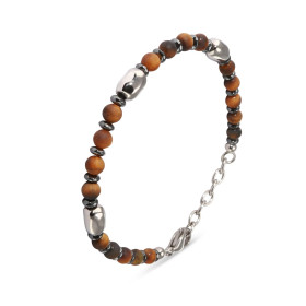 Bracelet composé de perles en oeil de tigre et d'inserts en acier. Longueur ajustable de 18 à 21cm
