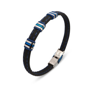 Bracelet en cuir noir avec une surpiqure bleue et des éléments en acier inoxydable gris et bleus. Longueur : 21cm