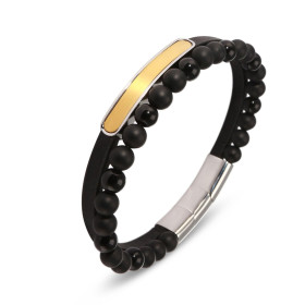 Bracelet composé des perles mates et brillantes ainsi que d'une plaque centrale dorée. Longueur ajustable de 19 à 20cm
