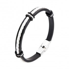 Bracelet homme en caoutchouc noir composé d'une tresse en cuir grise et blanche avec 3 barettes en acier stoppées par des ...