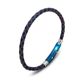 Bracelet homme en cuir bleu tressé. Largeur : 4 à 6mm. Longueur : 21 ou 20cm