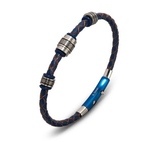 Bracelet homme en cuir bleu composé d'une lanière de cuir tressée, 3 motifs en acier et 6 caoutchouc. Largeur du bracelet ...