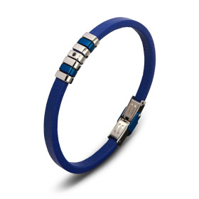 Bracelet homme en cuir bleu composé de 5 anneaux en acier dont un avec un oxyde de zirconium noir, 2 motifs en acier bleu....
