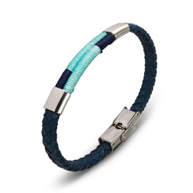 Bracelet homme en cuir bleu tressé composé d'une partie rigide avec 2 motifs en acier et 2 tiges entourées de fil bleu et ...