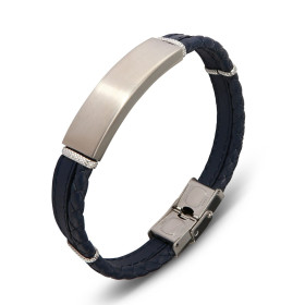 Bracelet homme en cuir bleu composé d'une lanière tressée et une lanière plate, 4 anneaux acier texturé et une plaque de 1...