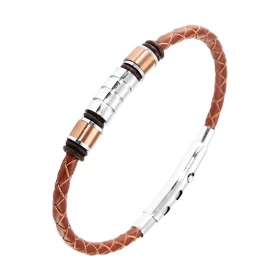 Bracelet homme en acier et cuir marron tressé avec 2 cylindres cuivrés et 1 cylindre gris stoppés par des anneaux en caout...