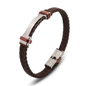 Bracelet homme en cuir marron tressé composé d'une plaque grise et marron 12x40mm et 2 caoutchouc. Largeur du bracelet : 8...
