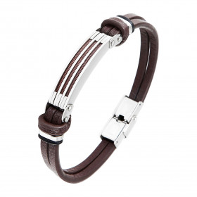 Bracelet homme composé de 2 lanières de cuir marron, une plaque en acier gris de 9x37mm avec 3 cordes en acier cuivré, 2 b...