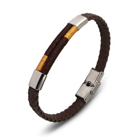 Bracelet homme en cuir marron tressé composé d'une partie rigide avec 2 motifs en acier et 2 tiges entourées de fil marron...