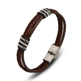Bracelet homme en cuir marron avec une lanière lisse et une lanière tressée, 4 anneaux acier gris, 2 anneaux acier texturé...