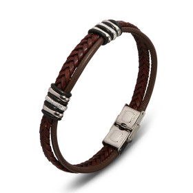 Bracelet homme cuir marron une lanière lisse une lanière tressée, 4 anneaux acier gris, 2 anneaux acier texturés 8 caoutch...