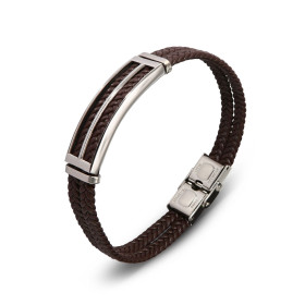 Bracelet homme en cuir marron tressé composé d'une plaque acier ajourée de 13x38mm et 2 anneaux acier. Largeur du bracelet...