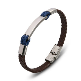Bracelet homme Cuir marron et bleu, Acier 7,5mm x 21cm