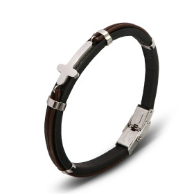 Bracelet homme en cuir noir et marron composé de 4 motifs en acier et une croix acier de 10x22mm. Largeur du bracelet : 6 ...