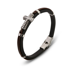 Bracelet homme Cuir marron et noir, Croix acier 15mm x 21cm