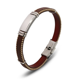 Bracelet homme en cuir marron et tissus composé de 6 anneaux en acier et une plaque acier de 10x20mm. Largeur du bracelet ...