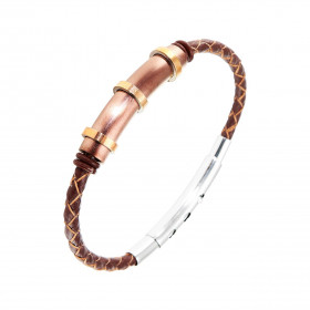 Bracelet homme en cuir marron tressé avec un motif cylindrique en acier cuivré stoppé par des anneaux en caoutchouc. Dimen...