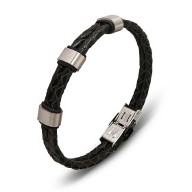 Bracelet homme en cuir noir tressé composé de 2 lanières de cuir de 4mm de large chacune, 3 anneaux d'acier de 6x12mm et d...