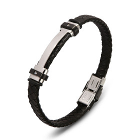 Bracelet homme en cuir noir tressé composé d'une plaque grise et noire 12x40mm avec 2 oxydes de zirconium, 2 caoutchouc. L...