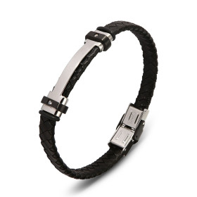 Bracelet homme cuir noir tressé composé d une plaque grise noire 12x40mm 2 oxydes zirconium, 2 caoutchouc Largeur du brace...
