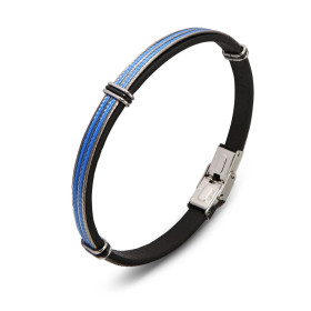 Bracelet homme en cuir noir composé de 3 fil d'acier gris et 2 fils d'acier bleu, 6 anneaux acier gris et 3 anneaux acier ...