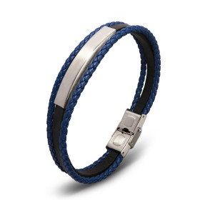 Bracelet homme composé de 2 lanières de cuir bleu tressé et une lanière de cuir noire, une plaque acier de 7x41mm. Largeur...