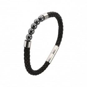 Bracelet Homme Cuir Noir Hematite Bracelet cuir 5 boules d hématite 6mm Largeur du bracelet : 7mm Longuer du bracelet : 20cm