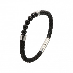 Bracelet Homme Cuir Noir et Onyx. Bracelet cuir avec 5 boules d'onyx de 6mm. Largeur du bracelet : 7mm. Longuer du bracele...