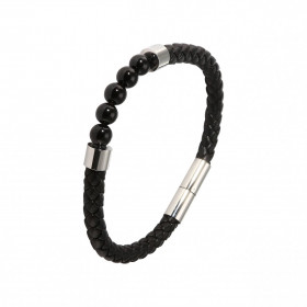 Bracelet Homme Cuir Noir Onyx Bracelet cuir 5 boules d onyx 6mm Largeur du bracelet : 7mm Longuer du bracelet : 20cm
