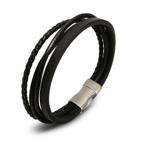 Bracelet homme en cuir noir composé de 2 lanières de cuir lisses, 1 lanière tressée et une lanière plate. Largeur du brace...