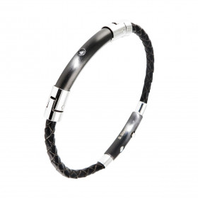 Bracelet homme en cuir noir tressé avec un motif cylindrique gris et noir orné d'un oxyde de zirconium. Dimension du cylin...