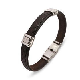Bracelet sophistiqué en cuir noir tressé agrémenté de pièces métalliques. Longueur : 21cm