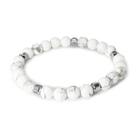 Bracelet Homme Howlite 8mm billes striées acier Ce Bracelet est composé perles 8mm perles striées acier Il est monté sur f...
