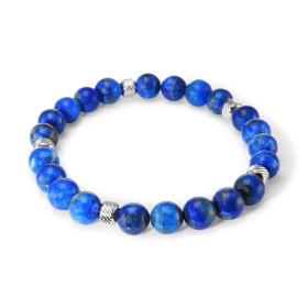 Bracelet Homme Lapis 8mm billes striées acier Ce Bracelet est composé perles 8mm perles striées acier Il est monté sur fil...
