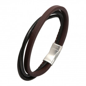 Bracelet composé de quatre lanières de cuir noir et marron. Le bracelet se compose également d'un fermoir magnétique en ac...